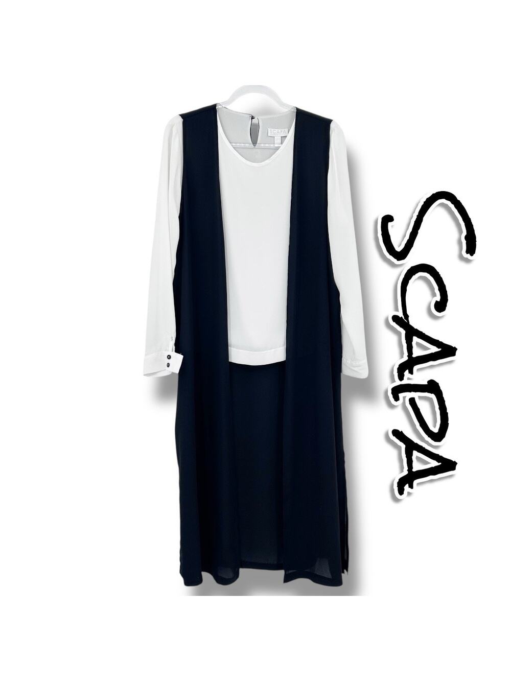 SCAPA Lauren Perre Trompe L’Oeil Layered Black White Longline Blouse Womens Sz L